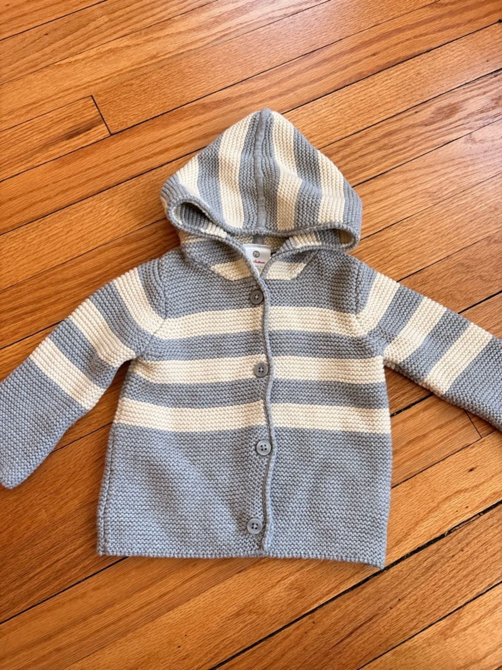 Hanna Andersson Striped Hooded Knit Baby Cardigan - Gray & Cream